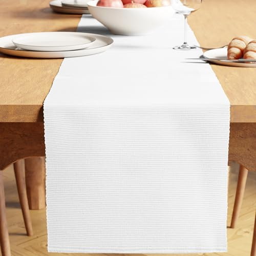 Encasa XO Tischläufer, Feinripp Baumwolle, Modern 13x59 | Weiß, Maschinenwaschbar | Garngefärbt, Formstabil | Langlebig & Pflegeleicht | Tischdeko Esstisch & Küche