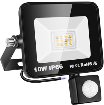 PICAA LED Security Lights with Motion Sensor 10W PIR Sensor Warm White LED Flood Lights Outdoor IP66 Waterproof Floodlight Wall Light for Garage Garden Forecourt Hallway