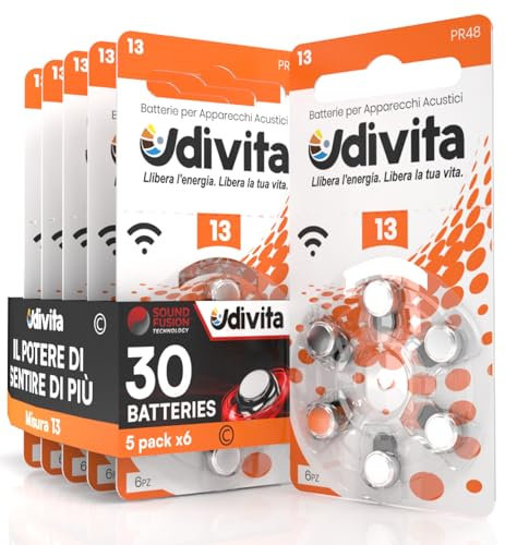 30 Pile Per Apparecchi Acustici Udivita Misura 13 Batterie Zinco Aria - 5 Blister da 6 Pile