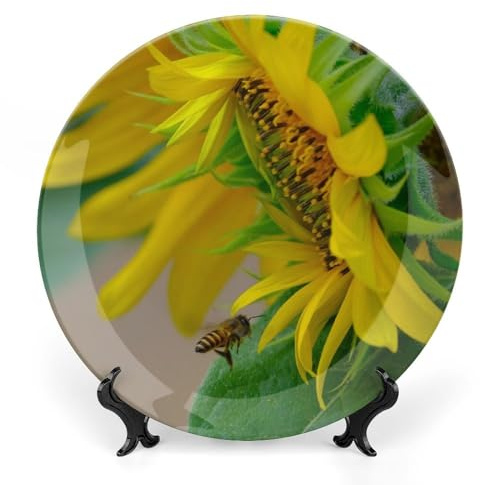 Generic 7 Ceramic Decorative Plates Sunflower Flower Flora Home Wobble-Plate with Display Stand Wall Hanging Plate Dessert Plates Kitchen Office Decor Wall Art Ornament