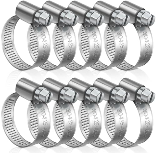 JatilEr 25-40 mm Hose Clips, 10 Pcs Pipe Clips 304 Stainless Steel | Adjustable Hose Clamps, Pipe Clamps Metal for Securing Hoses or Tubing for Vent Ducts Drain Pipe Water Supply Piping