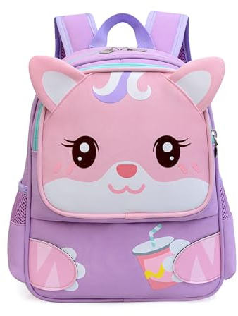 Voici et Voila Mochila Bebe Guarderia Niña Cartoon Mochila 3 Años Niña Mochila Pequeña Mini Mochilas Niñas Gato Mochila Infantil 4 Años Pre-Escolar Morado 34x26x15cm