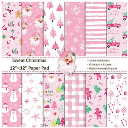ZAKHSE Motivpapier 30x30cm, 24 Blatt Designpapier Weihnachten, Weihnachtsmuster Doppelseitig Bedruckt Scrapbook Papier Bastelpapier Bunt Design Papier für DIY Scrapbooking Kartengestaltung-12 Designs