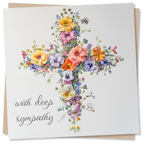 Beautiful Floral Sympathy Card - Flowers On A Cross - with Deep Sympathy - Condolences Card for Loss of A Loved One - Flower Design