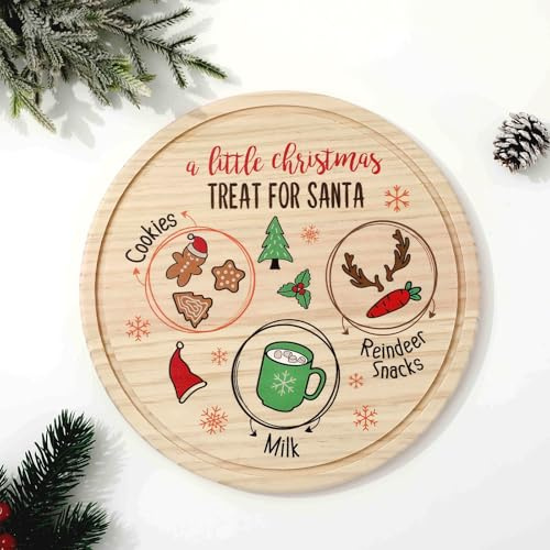 JarThenaAMCS Santa Cookie Plate Round Christmas Wooden Treat Board Xmas Eve Plate Platter Mat Natural Wood Serving Tray for Winter Party Holiday Decoration Supplies