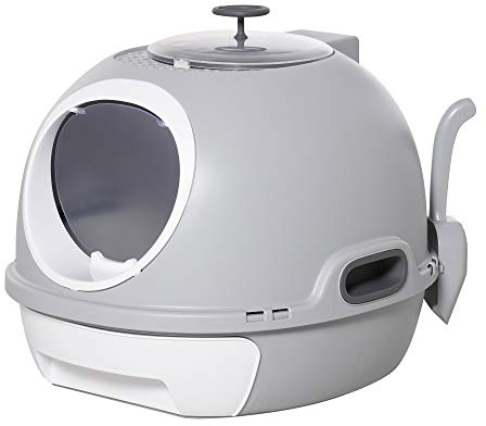 PawHut Caja de Arena para Gatos Arenero Cubierto con Cajón Arenero Cerrado para Gatos con Claraboya Abatible Bandeja Extraíble y Pala 47x55x44 cm Gris