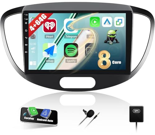 CAMECHO 4G+64G 8-Core Android 15 Autoradio avec Navi pour Hyundai i10 2007-2013 avec Carplay Android Auto, 9'' Ecran Tactile 2 Din Radio avec Bluetooth 5.0 RDS/FM WiFi MirrorLink DSP