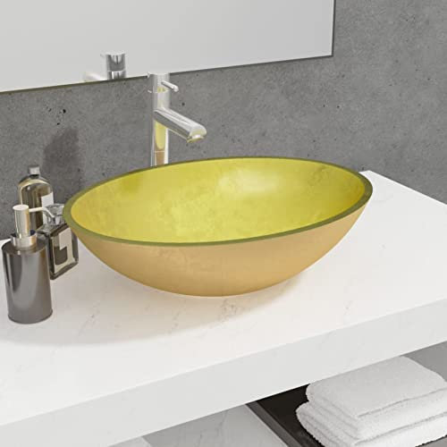 ShGaxin Lavabo en verre, lavabo à poser pour salle de bains, lavabo de salle de bain, meuble de salle de bain, meubles de salle de bain, doré 50 x 37 x 14 cm