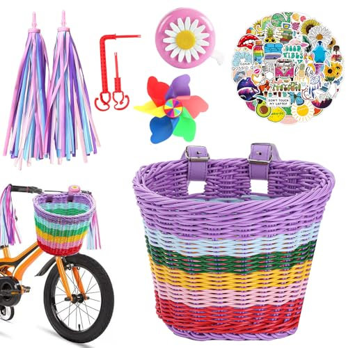 SKIKHN Cesta de Bicicleta para Niños, Cesta Bici Niño, Cesta Lantera Bicicleta Niños, Cesta Bicicleta Desmontable, para Manillar de Bicicleta Infantil, con Timbre, Pegatinas, Serpentinas y Molino