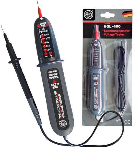 HGL-400 Spannungsprüfer zweipolig 12V bis 400V AC/DC mit LED Anzeige, Phasenprüfer, IP54 Spritzwassergeschützt, keine Batterien benötigt, Spannungsmesser 2-polig, Steckdosen Messgerät
