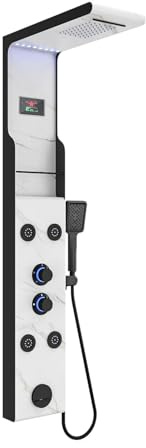 ELLO&ALLO LED Rainfall Shower Head and Rain Massage System with Body Jets Stainless Steel Bathroom Shower Panel Tower System with Shelf, Marble&Black