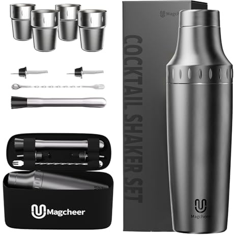Magcheer 900ml Juego de Coctelera Profesional con 4 Vasos Plegables | 9 Piezas Cocktail Kit con Bolsa | Coctelera Aislante Resistente a Las Heladas | Medidor Incorporado | Regalo Hombre(Gris)