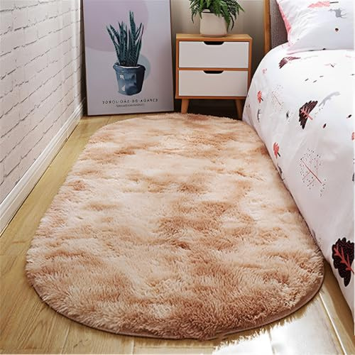 Highdi Tappeto Ovale Salotto Moderno Tappeto Shaggy a Pelo Lungo Tappetino Camera da Letto Soffice Antiscivolo Lavabile per Soggiorno Camera da Letto (Cachi,120x200cm)