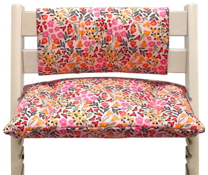 Blausberg Baby - ABWASCHBAR BESCHICHTET - Sitzkissen Set Junior für Stokke Tripp Trapp (ohne Schlitz im Sitzkissen) (Happy Flower Rosa BESCHICHTET)
