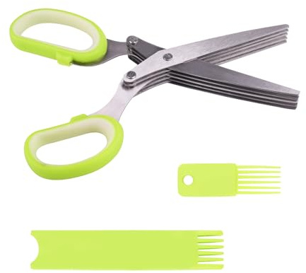 Qaixwuyi Forbici da cucina con 5 lame in acciaio inossidabile, verdi, forbici per erbe, portacipolle, forbici per verdure, forbici per pori, forbici per scalogno, forbici da cucina con copertura