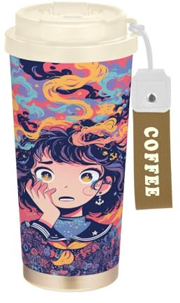 Anxious Girl - Vaso de viaje para café borgoña con tapa, taza aislada de acero inoxidable para bebidas frías y calientes, 481.9 g, a prueba de fugas