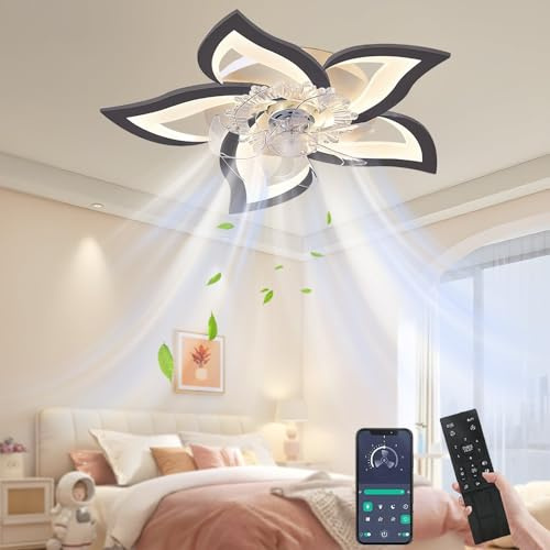 UOEONR Sourdine Ventilateur de plafond ave Lumières LED et télécommandes, Plafonnier De Chambre à Coucher 50W ave Lampe à Intensité Variable APP, pour Salon, Cuisine (Noir, 69 CM)