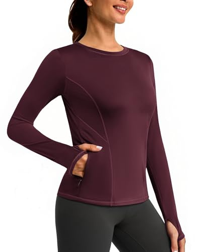 PINSPARK Camiseta deportiva de manga larga para mujer, cuello redondo, forro polar, térmica, para invierno, yoga, fitness, con orificios para los pulgares, rojo, S
