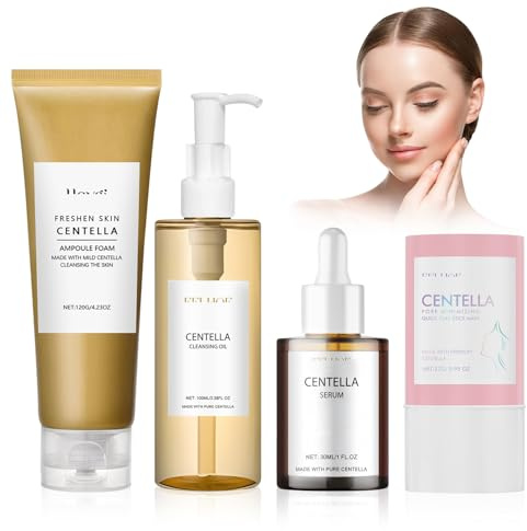 4 Piezas Skincare Kit, Centella Cleansing Oil + Centella Limpiador Facial + Asiatica Serum + Centella Stick Mask, Limpia y Minimiza los Poros, Hidrata y Humecta, para Pieles Sensibles