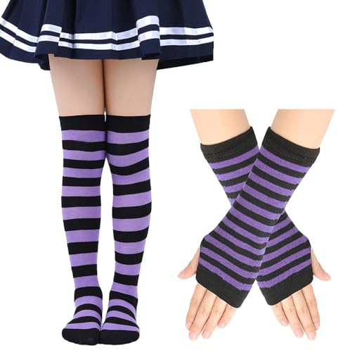 EQLEF Striped Over Knee High Socks for Girls 6-10 Years, Knee Socks Girls with Long Fingerless Gloves Girl Costume Thigh High Sock for Christmas Halloween Carnival Themed Party (Purple and black)