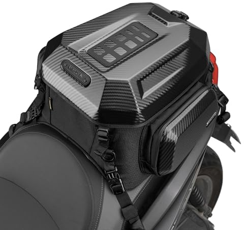 Rhinowalk Motorcycle Tail Bag Hard Shell – Expandable 23L-35L Rear Saddle Bag with Side Compartments, Waterproof Inner Liner, Helmet Storage, Backpack Convertible, ABS Top Case (Carbon-Fiber Shell)