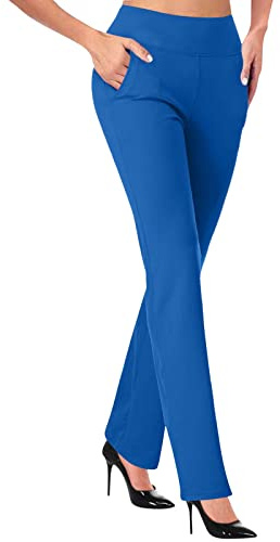 Breda ben träningsbyxor kvinnor dra på bootleg-byxor Mid Rise magkontroll yogabyxor push up rumplyft stretch utsvängda ben byxor elastisk midja smal passform damer klocka botten, BLÅ, XL