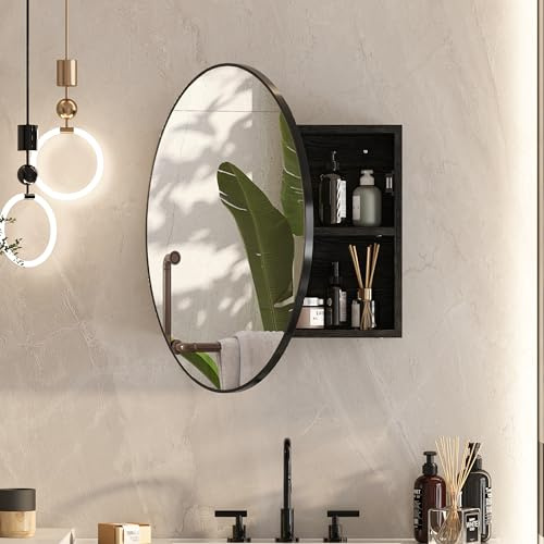 KEEPREAPER Wandmontierter Gewölbter Spiegelschrank Rund Schwarz – Tempered HD-Spiegel & Holzschrank mit Trennebene, Oberflächenmontage für Bad, Gästetoilette (60x13.5x60cm, Traglast 20kg)