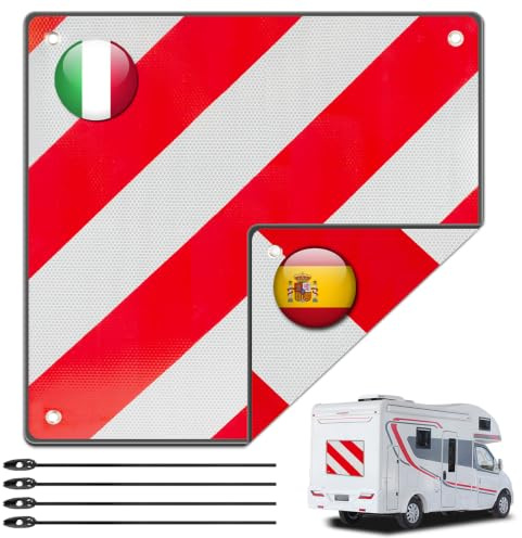 Panneau d'avertissement 2 en 1 en aluminium pour porte-vélos, Italie et Espagne avec 4 tendeurs, 50 x 50 cm, rouge et blanc, panneau d'avertissement réfléchissant Italie pour porte-vélos, remorque