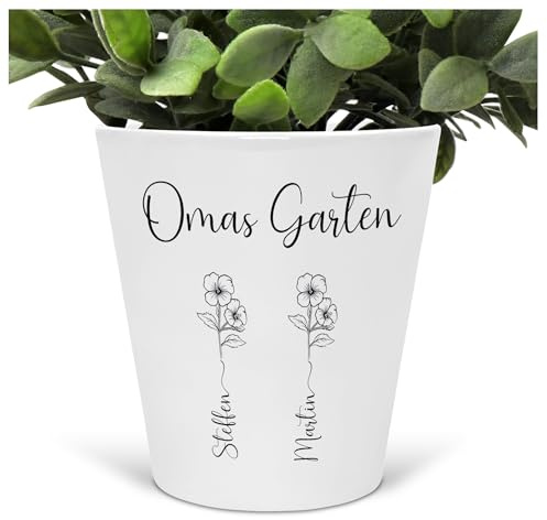 22Feels Personalisierter Blumentopf für Oma – Geschenk zum Muttertag & Geburtstag – Keramik, Weiß mit Omas Garten Motiv & Geburtsblumen