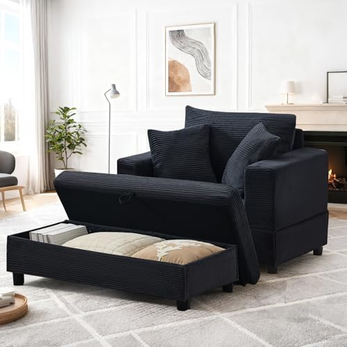 Arhatreya Chaiselong, svart med fotstöd och förvaringsutrymme, loungesoffa med 3 kuddar för vardagsrum och sovrum – utrymmesbesparande, bekväm