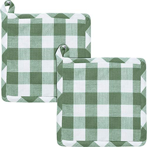 REDBEST Topflappen, Topfuntersetzer karo 2er-Pack, hitzebeständig, 100% Baumwolle grün Größe 20x20 cm - praktische Schlaufe, strapazierstark und langlebig