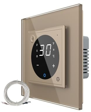 LIVOLO Digitales Touch Raumthermostat mit Bodenfühler/Temperaturfühler für Fußboden/Elektroheizung mit Stellmotoren Gold inkl Glasrahmen
