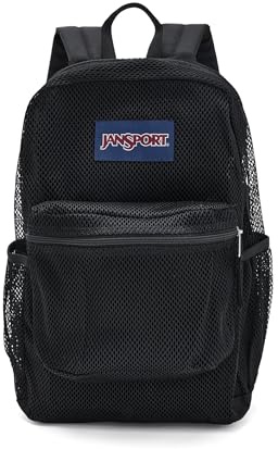 JanSport Eco Mesh Backpack, Red Tape, 17” x 12.5” x 6” - Large Semi-Transparent Bag for Adults with Laptop Sleeve, Padded Back Panel, Black