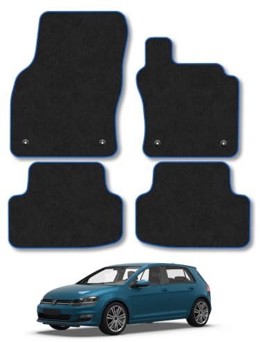 Compatible with Car Mats for VW Golf (2013-2020) Carpet | Blue Edge Trim Tailored Fit Floor Mats Full Coverage Protection Accessories Easy Clean Anti Slip Made in the UK