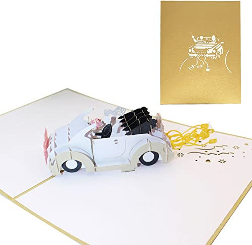 Jinpojun Tarjeta desplegable de coche de boda,Tarjeta de Boda Pop-Up,regalo de dinero para viajes de boda,Recién casados, Tarjeta de regalo emergente con sobre