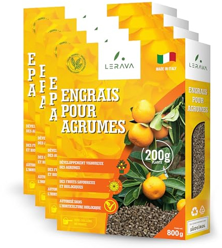 LERAVA Engrais Bio Agrumes (4x800g) - Nutrition Naturelle pour Citronnier en Pot - Croissance Vigoureuse et Saveur Intense - Avec Bouchon Distributeur - 100% Made in Italy