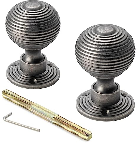 AB Hardware Pewter 50mm Beehive Rim Mortice Door Knobs Pair Set Reeded Internal New