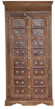 Schrank Braun Indischer Schrank aus Massivholz mit oiginal antiken Türen Schnitzerei Brass Oriental Schlafzimmer Braun Old Door 4 185 cm