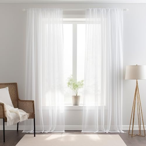 NAKIHOUSE Voile Curtain, 96 Drop Net Curtains Light Filtering Window Treatment Sheer & Drapes Slot Top White Sheer Curtains for Bedroom/Nursery Room 52 x 96, 2 Panels