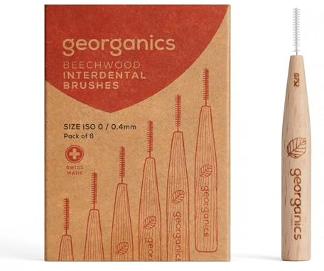 Georganics Interdentalborstar i bokträ ISO 0 (0,4 mm) – natur- och effektiv tandrengöring för smala mellanrums – komposterbara och biologiskt nedbrytbara – vegan BPA-fri nylonborst – paket med 6