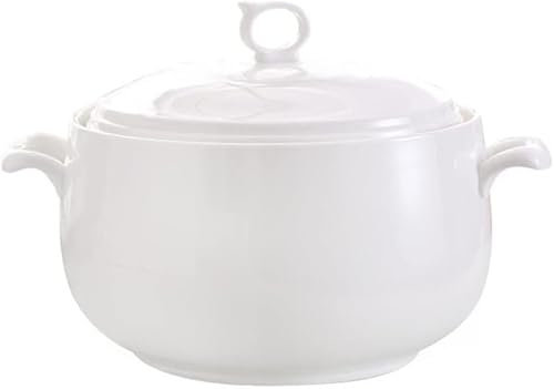 Vnook Double Handle Lid Pure White Ceramic Tureen Soup Ceramic Round White Dish Casserole/Clay Pot/Earthen Pot/Ceramic Cookware with White Lid Heat-Resistant (Color : Style 4)
