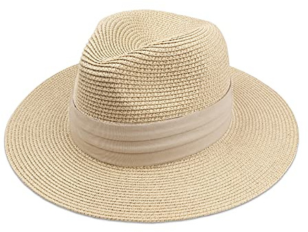 DRESHOW Panamahatt Fedora Solhatt med Brett Brätte och Upprullad Hatt UPF 50+ för Kvinnor
