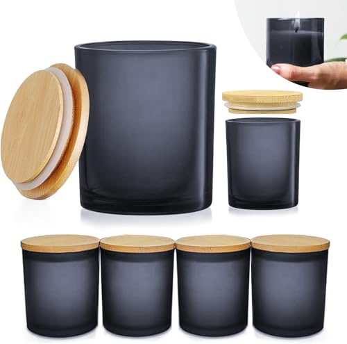 OXTXO 6er Set Kerzengläser mit Bambusdeckel (200ml) - 3mm Dickwandiges & Hitzebeständiges Glas - Elegante Behälter mit Silikon-Dichtung für Duftkerzen, DIY & Aufbewahrung (Grau)