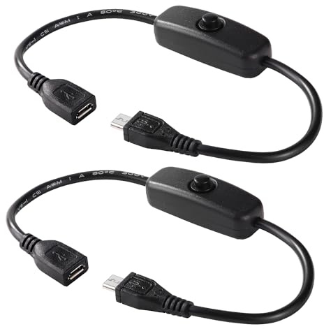KUOQIY 2 Stücke 0.27m Micro-USB Kabel mit Ein/Aus-Schalter, für LED-Schreibtischlampe und USB-Lüfter, Schwarz