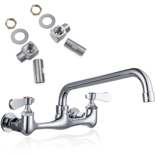 Sepaitek Leak-Free Commercial Sink Faucet 8 Center 8 Swivel Spout, Wall Mount Kitchen Faucet 2 Hole 2 Handles, Industrial Restaurant Compartment Sink Faucet, 1/2 NPT Thread, Brass