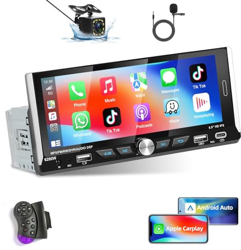 Podofo Autoradio Wireless Carplay 1 Din con Android Auto, Bluetooth con Display Dell'autoradio con Schermo da 6,9 Pollici Supporta WiFi GPS Navi RDS, Telecamera Posteriore e Microfono