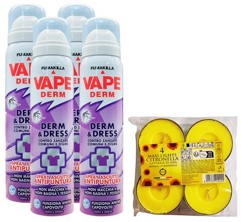 SET: 4x Spray Asciutto Antipuntura DERM & DRESS, Contro Zanzare Comuni e Tigri 100ml + Confezione Da 4 Maxi Candele Alla Citronella