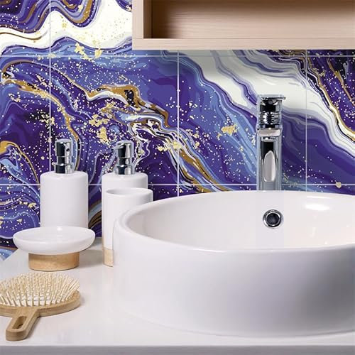 Fliesenaufkleber 20x20cm Lila Gold Marmor Klebefliesen Wasserdicht Mosaikfliesen Fliesenaufkleber Bad Fliesenaufkleber Küche Möbeldekoration Küchenrückwand Selbstklebend (36 Stück)
