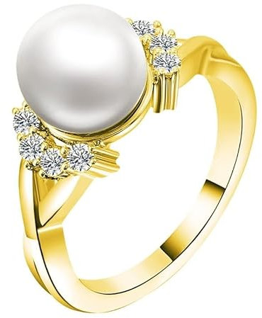 Skcess 18 Karat Gelbgold Eheringe Weiß Perle Runden, Ring Damen mit Runder Perle Ringe Frauen Größe 62 (19.7)
