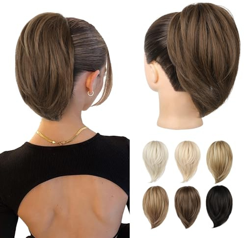REECHO Ponytail Extension, kurzer glatter Ponytail Extension, Haarkrallen Dutt Haarteil unordentlicher Dutt natürliches Kunsthaar falscher Pferdeschwanz Haarverlängerung für Damen - Ingwerbraun